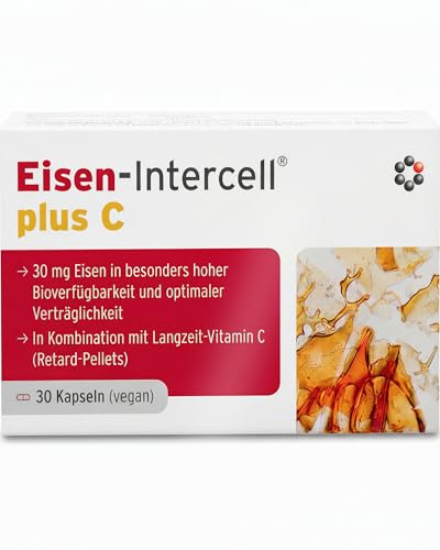 Eisen + C Intercell zur Verringerung von Müdigkeit & Bildung von roten Blutkörperchen (30 Kapseln) - mit 30mg Eisen+ hochdosiert und 160mg Vitamin C - Wirkung über 8h durch innovativen Retard-Effekt