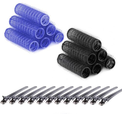 12 Pack Self Grip Small Hair Curlers, Small Roller, Hair Rollers With Clips, Salon Hairdressing Curlers Rollers With 12 Pcs Black Clips, Tools For Women(17mm,Blue&Black)