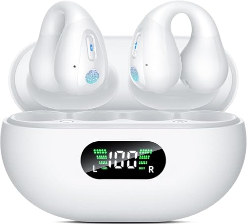 Open Ear Bone Conduction Headphones，Comfort-Clip On Wireless Earbuds Bluetooth 5.3, Sports Ear Buds with ENC Mic, 36 Hours HlFl Earbuds with LED Display Charging Case,lPX7 Running Earphones, White