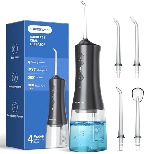 Operan Munddusche Kabellos, Tragbar Elektrische Zahndusche 4 Modi & 4 Düsen, 300ML Oral Irrigator Munddusche Testsieger für Entfernt Speisereste und Reinigt Die Zähne (Gloss Black, 1Pack)