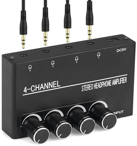 Plyisty Amplificateur Casque 4 Canaux, Amplificateur Audio Stéréo Métallique, Répartiteur Casque avec Adaptateur Secteur, Ports De Sortie 1/4 Pouce, pour Studio De Musique (Prise UE)