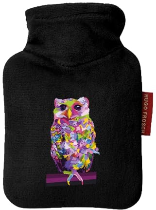 Huuraa Mini-Wärmflasche Eule Colorful 0,2 Liter Black Mini Veloursbezug Taschenwärmer Geschenkidee