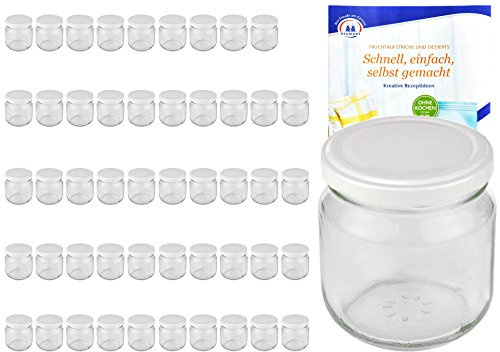 MamboCat 50er Set Rundgläser 212 ml nieder Deckelfarbe weiß to 66 inkl. Diamant Gelierzauber Rezeptheft, Marmeladengläser, Einmachgläser, Einweckgläser, Gläser