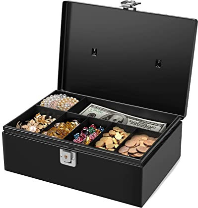 Flexzion Cash Box with Money Tray and Lock - Metal Money Box for Cash Storage with Secure Latch Lock & Key, Black Petty Cash Box with 7 Compartment Money Tray for Small Businesses, 11x7.7x3.5 Inches