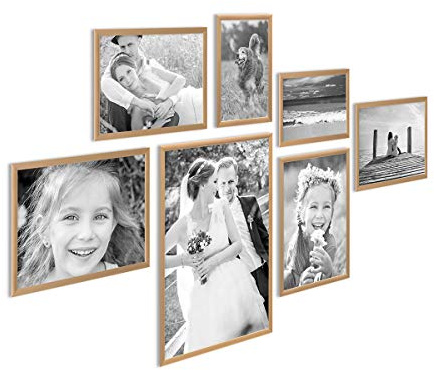 PHOTOLINI Alu-Bilderrahmen-Set Gold schmal, 7er Set Metall-Rahmen aus Aluminium, bruchsicheres Acrylglas, zum Aufhängen & Aufstellen, extra Zubehör, modernes Design für Poster & Fotos