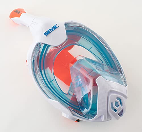 Seac Magica, Maschera Snorkeling Full Face Integrale Anti Appannamento con Morbido Facciale in 4 Taglie, Valvola di Spurgo e Snorkel Dry Top, bianco/arancione, XS/S