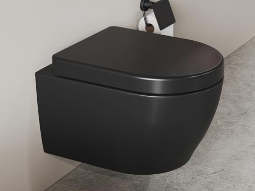 Aqua Bagno | Schwarze Toilette spülrandlos, Keramik, schwarz matt, Design Gäste-WC, WC-Sitz Softclose | 49 cm kurz