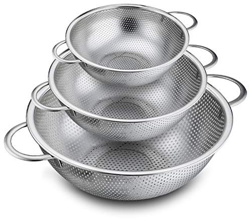 TEAMFAR Juego de 3 coladores de acero inoxidable microperforados con asas, colador para pasta, frutas, arroz, verduras, sanos y pulidos, apto para lavavajillas, 16/22/28 cm