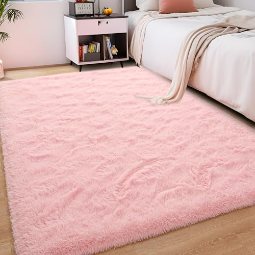 Foxmas Soft Fluffy Area Rugs for Bedroom Kids Room Plush Shaggy Nursery Rug Furry Throw Carpets for Boys Girls, College Dorm Fuzzy Rugs Living Room Home Decorate Rug, 4ft x 6ft, Pink