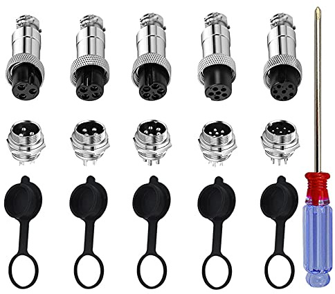 QitinDasen 15 Set GX12 Aviazione Spina Connettore, 5A 12mm Maschio Femmina Metallo Aviazione Spina Connettore, con Gomma Berretto e Cacciavite a Croce (3/4 / 5/6 / 7 Pin)