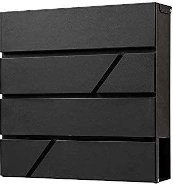Outdoor Wall Mounted Locking Steel Mailbox in Valencia Carbon Black, Size: 4.3D x 14.3W x 14.3H, MD25N Model Boasts Galvanized Steel Top-loading and Rust-Proof Metal with Newspaper Holder Design.