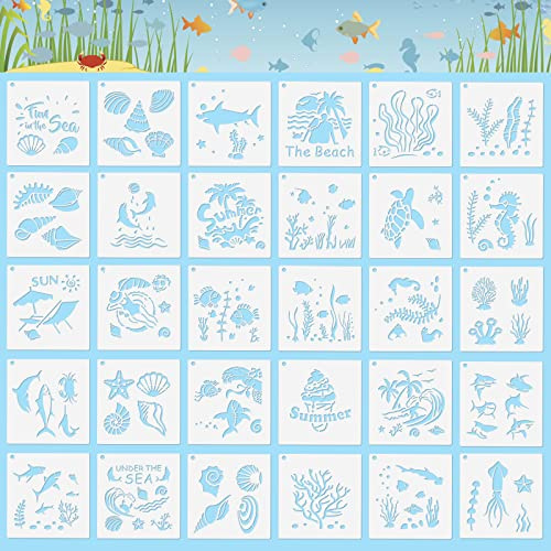 30 Stück Meer Schablonen für Malerei Kunststoff Meer Ozean Tiere Schablonen Zeichenschablonen Wiederverwendbar DIY Malschablonen für Holz Fenster Journal Scrapbooking Karten Wanddeko Möbel