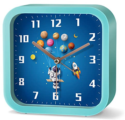 EXQULEG Kinder Wecker Weltraum Astronauten, Kinderwecker Ohne Ticken, Analoger Wecker Reisewecker für Junge Mädchen und Schüler (G,Quadrat)
