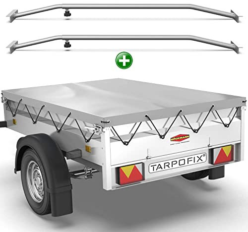 Tarpofix® Anhängerplane 210x115 mm + 2X Planenbügel | Anhänger Plane Flachplane aus PVC PLANENMATERIAL | Verstärkte Böckmann Anhänger Plane für 750kg Hänger | Abdeckplane + Flachplanenbügel | Grau
