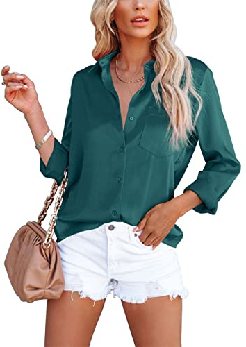 Homlan Damen Bluse Elegant V-Ausschnitt Satin Langarm Casual Oberteile Locker Hemd Einfarbig Lose Langarmshirt Mit Brusttasche (X-Large, Dunkelgrün)