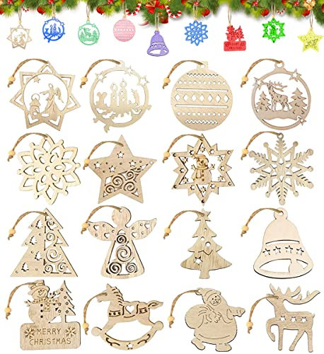 16 Stück Christbaumschmuck aus Holz, Weihnachtsbaumanhänger, Weihnachten Holzanhänger, Weihnachtsbaum Deko