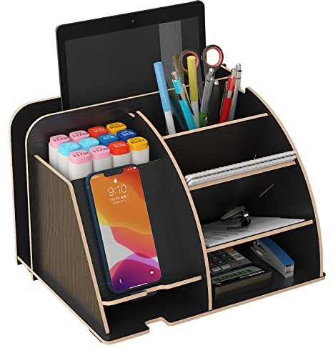 NUODWELL Holzschreibtisch-Organizer mit Telefon-Dockingstation, Büroschreibtisch-Organizer, Stifthalter, Aufbewahrungsbox, Schreibtischzubehör (schwarz)