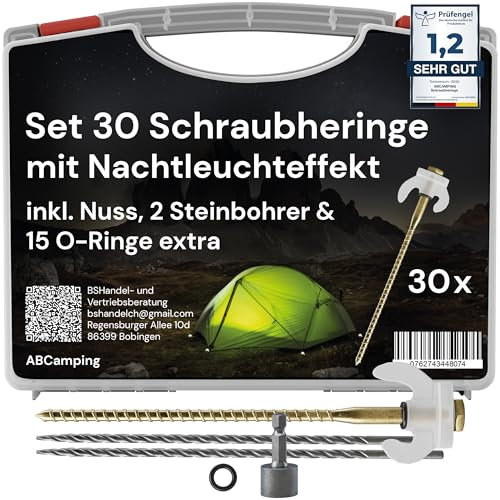 ABCamping Schraubheringe Set - [30 Stück] Stahl Heringe für weiche bis Harte Böden inkl. Bohrer (5mm & 6mm) - Zeltschrauben mit Leuchteffekt, inkl. Transportbox, 15x O-Ringe & Bit für Akkuschrauber