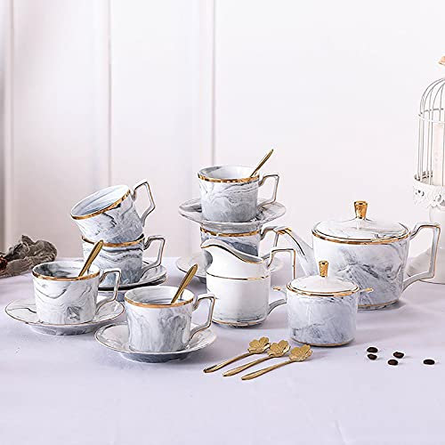 Juego de té para adultos, juego de té moderno de porcelana con patrón de mármol, taza de café y platillo, juego de té con tetera, azucarero, jarra de crema, decoración rosa (gris) (gris)