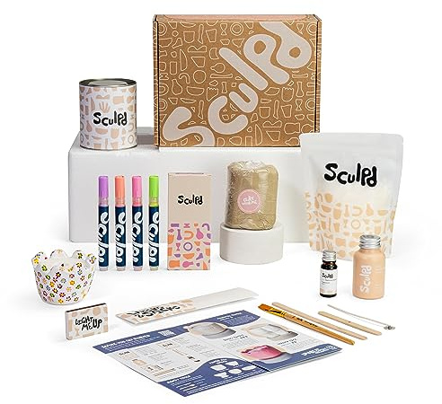 Sculpd Kerzenherstellung Töpfer-Set mit lufttrocknendem Ton und Acrylfarbstift, Anfänger-Kerzen-Starter-Kit für Erwachsene mit ungiftigem Öko-Sojawachs, duftendem Duftöl, Kerzenlack, Werkzeugen und