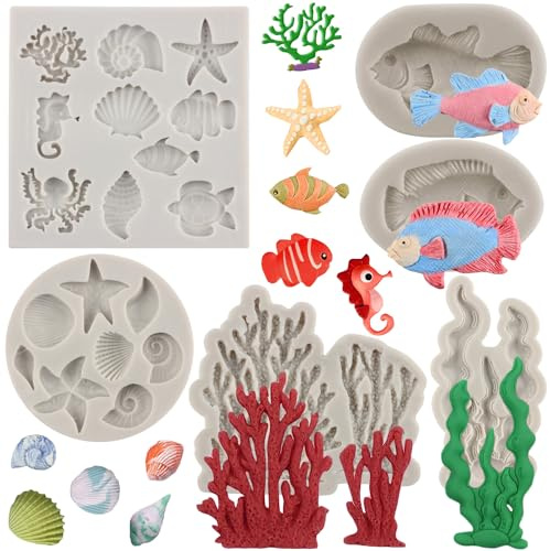 MYPRACS 6 Stück Meeresthema Fondant Kuchenform Koralle Muschel Muschel Fisch Seepferdchen Seestern Oktopus Silikonformen für Kuchendekoration Cupcake Topper Süßigkeiten Schokolade Gummipaste