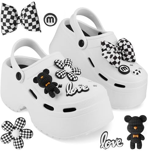 CityComfort Clogs for Women Platform Heeled Clogs Removable Charms Slip On Garden Mule Indoor Outdoor Holiday Essentials (7/8 UK, White)