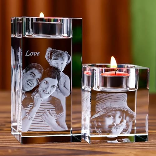XEL Personalisierter Kristall-Kandelaber mit Fotogravur, 2D-Kristall-Bilderrahmen, Kerzenhalter, Geschenke für Feiertage, Hochzeit, Weihnachten, Klar/Transparent