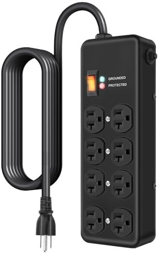 Heavy Duty Surge Protector 20Amp,Metal Power Strip with 8 Outlets,Wall Mount Surge Protector 1200J,12 Gauge 6FT Extension Cord 5-15P Adapter Workshop & Industrial Use with 5-20R T-Slot Outlets