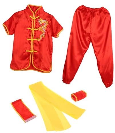 Aymzbd Costume Tradizionale Cinese Wushu Kung Fu Uniforme da Esercizio Gong Abito Uniforme per Uomo Donna Ricamo Morbido Drago, Rosso 130
