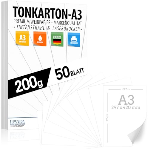50 BLATT A3 weißer Bastelkarton 200g/m² – PREMIUM PAPIER Reinweiß - DIN A3-29,7x42cm - Druckerpapier Weiss unbedruckt für Fotografie, Präsentationen, Basteln, TONKARTON, Karton - MADE IN GERMANY