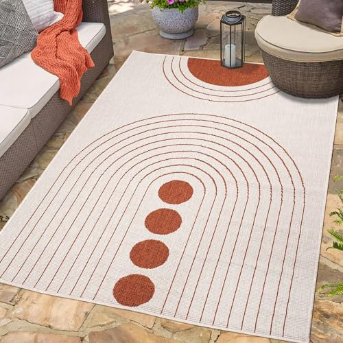 Outdoor Teppich Wetterfest 160x230 cm - Creme-Rot - Wendeteppich, Beidseitiges Kreisförmiges Muster - Balkonteppich Wasserfest Outdoor - Terrassenteppich
