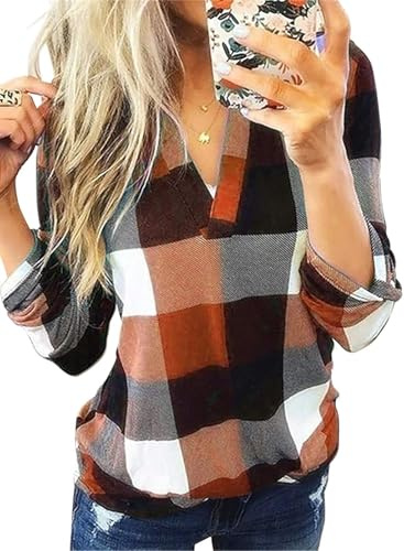 Cuptacc Chemisier Femme Chic Et Élégant Manche Longue Col en V Chemise A Carreaux Basique Haut Mode Orange XL