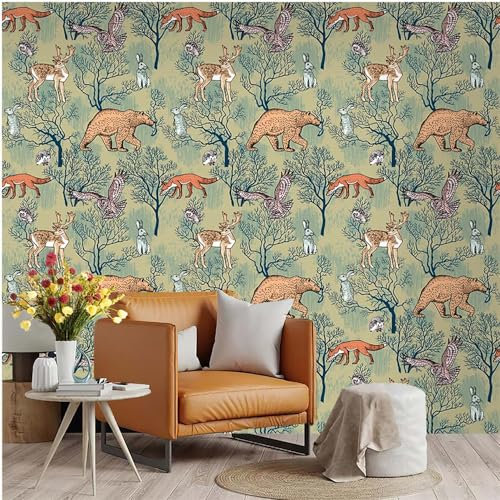 Selbstklebende Tapete Kaninchen Eule Gelb Strukturtapete Wandtattoo Schlafzimmer Tapete Selbstklebend Vliestapete Wallpaper for Living Room Tapeten Leicht zu Entfernen Wandschutzfolie 45x300cm