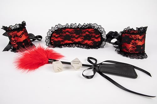 IMPUDEUR® Kit Sensuel,Érotique Jeux de Bondage Soft en Dentelle Rouge et Noir, Couple Sexuelle,Jeux Adulte + set de 2 dés Phosphorescents en Français/Anglais,BDSM,SM,Couple Préliminaire,Intime,Sex