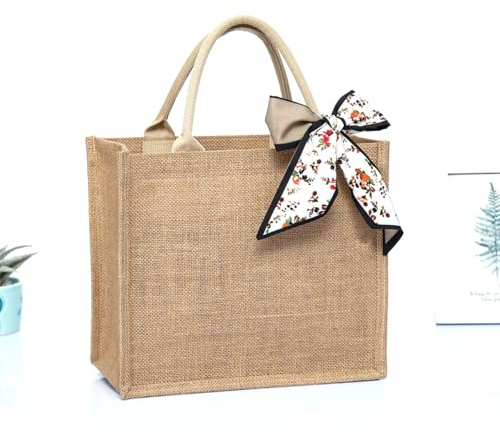 QIUPFGUT Jute-Tasche, Jute Tote Bag, Cotton Pocket Jute Shopper, Jute-Tasche Damen Shopper, große Einkaufs-Tasche mit Henkel, Einkaufskorb, Tragetasche, Einkaufstasche (30X25X15CM)