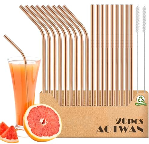 AOTWAN Edelstahl Trinkhalme - Roségold Metall Strohhalm Wiederverwendbar, Enthalten 9 Gerade + 9 Gebogen + 2 Reinigungsbürsten für Cocktails, Smoothies