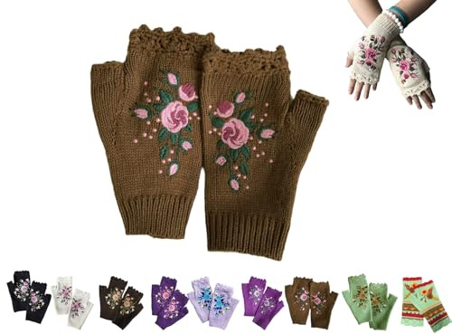 YAQUEKOU Handgestickt Fingerlose Handschuhe Damen Winter Blumen Stickerei Armstulpen Handschuhe Damen Pulswärmer Strick Handstulpen Kurz Gestrickte Halb Fingerlose Fäustlinge Fingerlose Handwärmer
