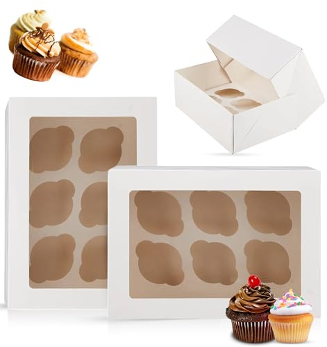 CHEF ROYALE 5 Cupcake Boxes 6 Holes - White Cup Cake Boxes with Clear Window - Rectangular Cupcake Carrier for Muffin Deserts Cupcake Holders for Home Parties, Wedding, Christmas, Cake Shop