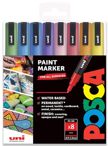 Posca Permanent-Marker auf Wasserbasis, für verschiedene Oberflächen, PC-3 ml, 0,9–1,3 mm fein, 8 Stück in Geschenktasche, Glitzertöne