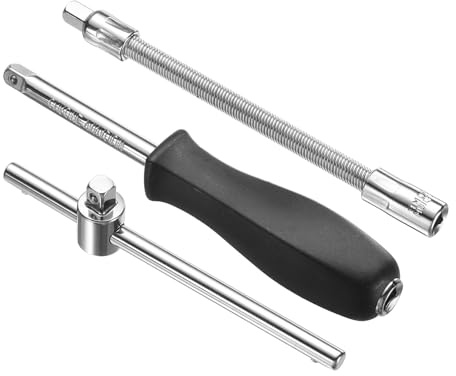 sourcing map 1/4 Drive Spinner Handle Chrome Vanadium Steel Drive Socket Set with 1/4 Drive Sliding T-Handle Breaker Bar and 1/4 Drive Spring Flexible Socket Extension Bar 3-Pieces Set