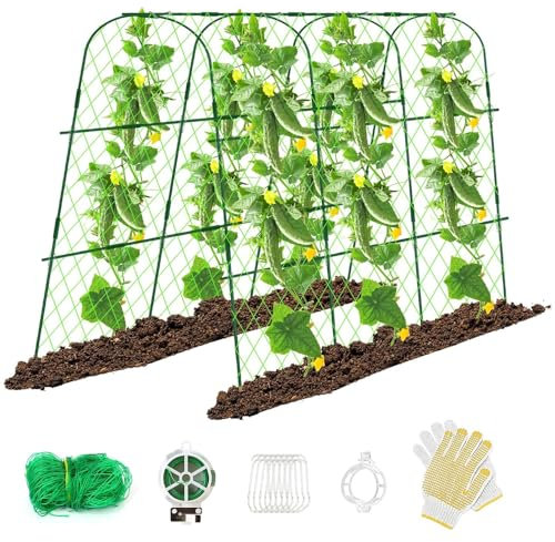 The Fellie 160L*120H*111W CM Garden Trellis Support For Climbing Plants, Metal Arch Vegetables Trellis With Nylon Garden Netting, Detachable Cucumber Trellis For Indoor Outdoor Vegetable Fruits Vines