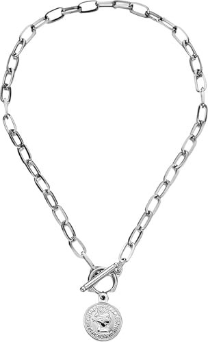 Accessories 925 Sterling Silver Coin Toggle Necklace For Women, Toggle Paperclip Chain Padlock Pendant Necklace - Lock And Key, Heart, Coin Chain Pendant Necklace