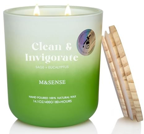 M&SENSE Duftkerze, Salbei Eucalyptus Duftkerzen im Glas, 400g große Sojakerze mit zwei Dochten, 80h Brenndauer, Aromatherapie Kerze für Yoga, Spa, Meditation. Geschenk für Freundin, Ehefrau, Mutter