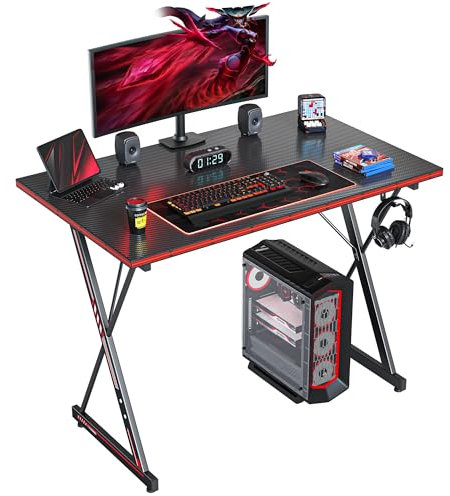 CubiCubi Gaming Tisch 80 x 50 cm, Gaming Schreibtisch, PC Tisch mit Kopfhörerhaken und Kohlefaserbeschichtung, Ergonomischer Computertisch, Metallgestell, Kohlefaser Schwarz