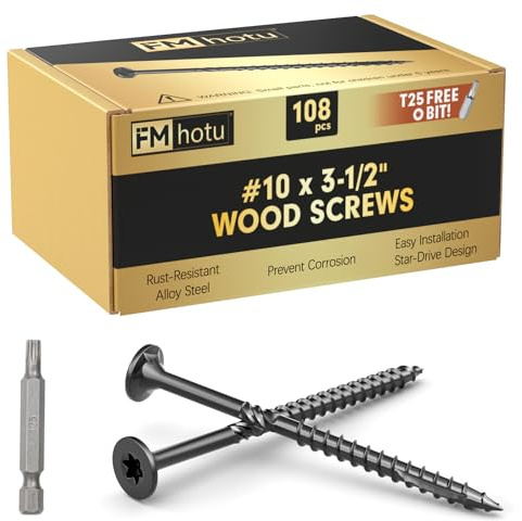 #10 x 3-1/2” Deck Screws, 108Pcs Star Drive Wood Screws, Rust Resistant Timber Screws for Timber/Log/Landscaping Wood, T25 Star Bit Included, Black