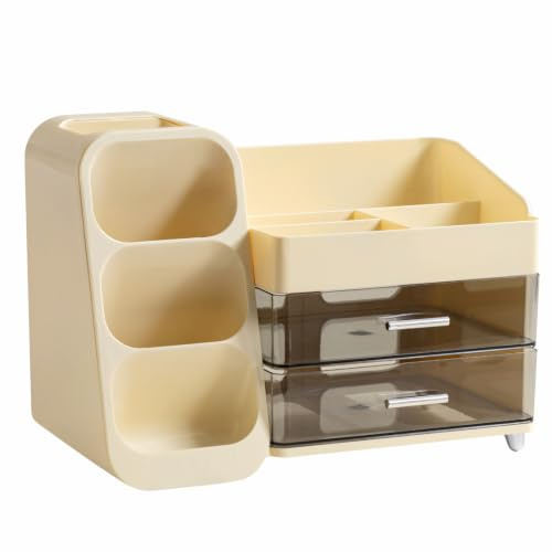 HBlife Makeup Kosmetik Organizer mit Schubladen, Pinsel Organizer, 3-in-1 Plastic Kosmetik Aufbewahrungsbox, Schmink Aufbewahrungskasten Große Lagerung Gelb