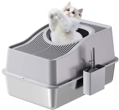Zstar Lettiera per gatti in acciaio inox, extra grande, con lati alti, resistente agli odori chiusi, grande, protezione dalle perdite, rimovibile per gatti, 60 x 40 x 39,5 cm, grigio