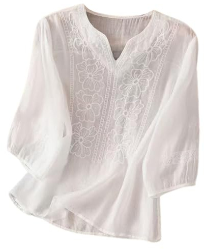 Chemisier d'été bohème en dentelle pour femme - Coton - Motif floral brodé - Tunique 2025 hippie à volants sur le devant pour personnes âgées - Coupe ample - Manches courtes - Style bohème