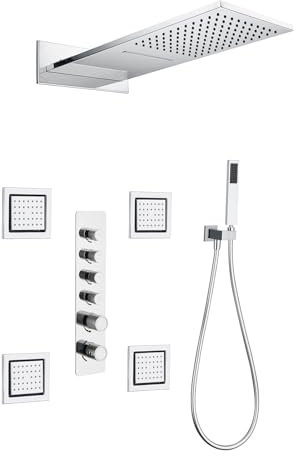 HTTGDGDH Système De Douche Thermostatique, Ensembles De Robinets De Douche À 4 Fonctions 56 X 23 Cm Pommeau De Douche Cascade Et Pluie avec 4 Jets De Corps Ensemble De Douche Comb（Chrome）