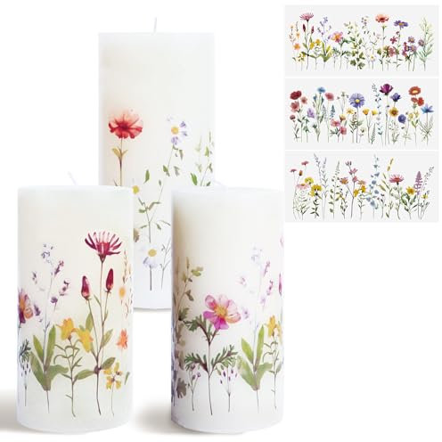 MEJOSER 3 Stück Kerzentattoos Hochzeit Taufe Blumen Geburtstag 29x12.6cm Folie Aufkleber für Kerzen Tattoo Bunt Wasserschiebefolie Kerzensticker Kerzenfolie Deko Sommer Geburt Babyparty Frühling